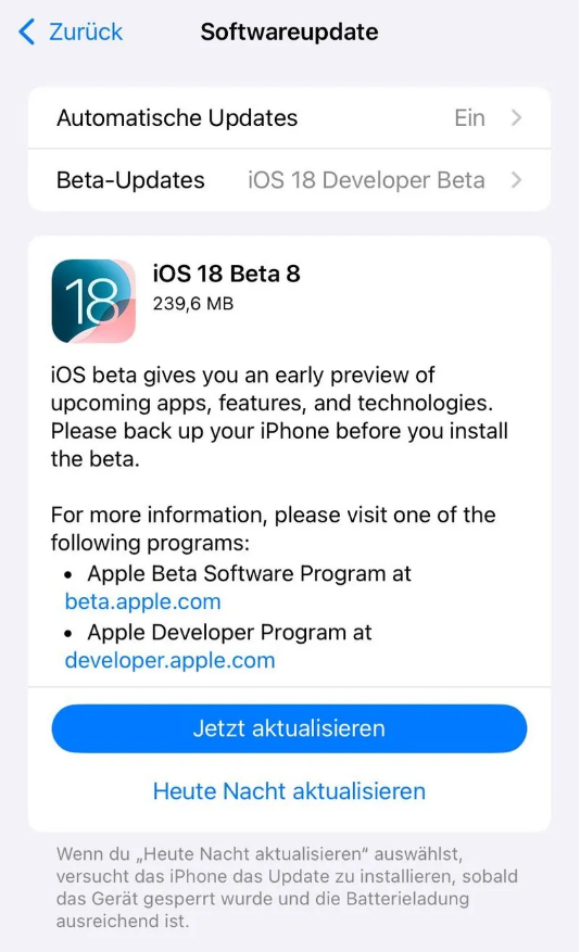 张家界苹果手机维修分享苹果 iOS / iPadOS 18 开发者预览版 Beta 8 发布 